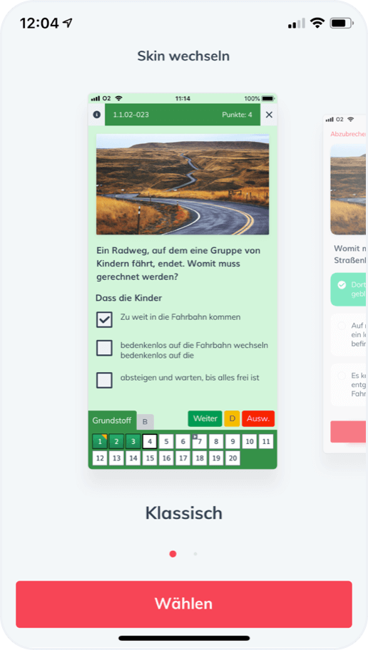 Bildschirmaufname von der ClickClickDrive Theorie App  - Wahlmöglichkeit zwischen dem amtlichen Prüfungs Design und einem modernen von uns entworfenen. Beispiel 2