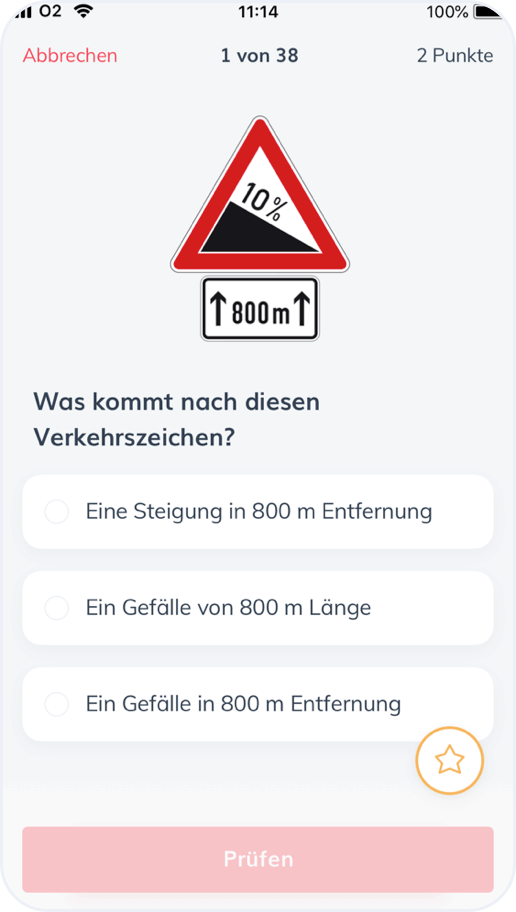 Bildschirmaufname von der ClickClickDrive Theorie App  - Wahlmöglichkeit zwischen dem amtlichen Prüfungs Design und einem modernen von uns entworfenen. Beispiel 3