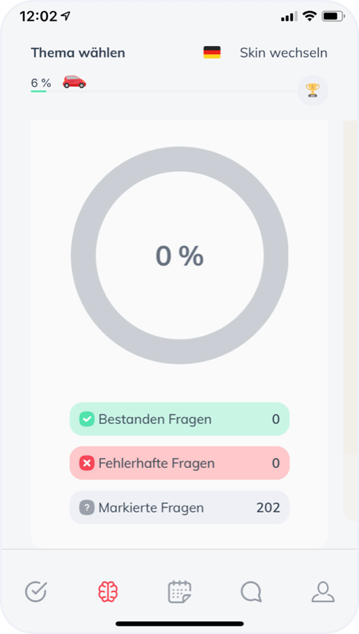 Bildschirmaufname von der ClickClickDrive Theorie App - Lernabschnitt und Gesamtfortschritt Ihrer Fahrschüler. Beispiel 1