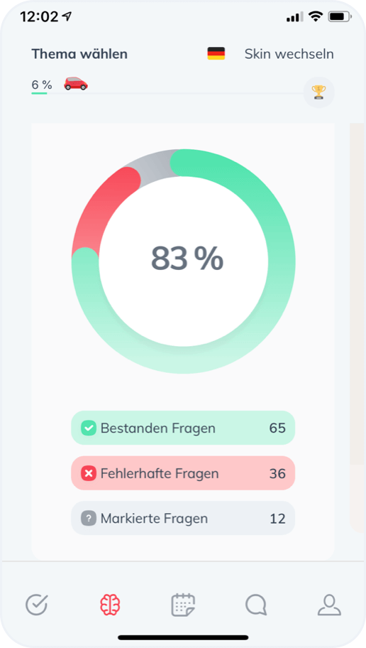 Bildschirmaufname von der ClickClickDrive Theorie App - Lernabschnitt und Gesamtfortschritt Ihrer Fahrschüler. Beispiel 2