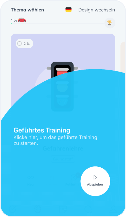 Bildschirmaufname von der ClickClickDrive Theorie App - Warum die ClickClickDrive App - Geführtes Training