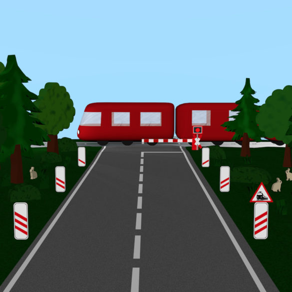 Bahnübergang mit Zug, Andreaskreuz und Verkehrsschild, Bäumen und Häschen